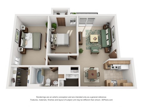 Floor plan for 2 beds, 1 bath, 850 sqft